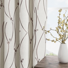 Cream Linen Textured Curtains 84 Inch Length 2 Panels Set for Living Room Coffee Wave Line with Dots Pattern Embroidered Grommet Drapes Modern Farmhouse Light Filtering Curtain for Bedroom 52X84