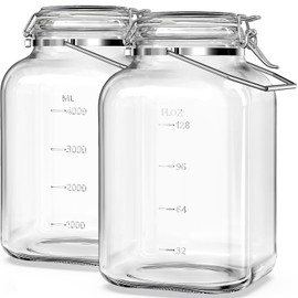 Folinstall 2 Pack 1.5 Gallon Glass Jar with Airtight Lid, 192 oz Square Wide Mouth Mason Jars with Stainless Steel Handle, Large Glass Storage Containers for Canning, Flour, Sugar, Rice, Pickled Eggs