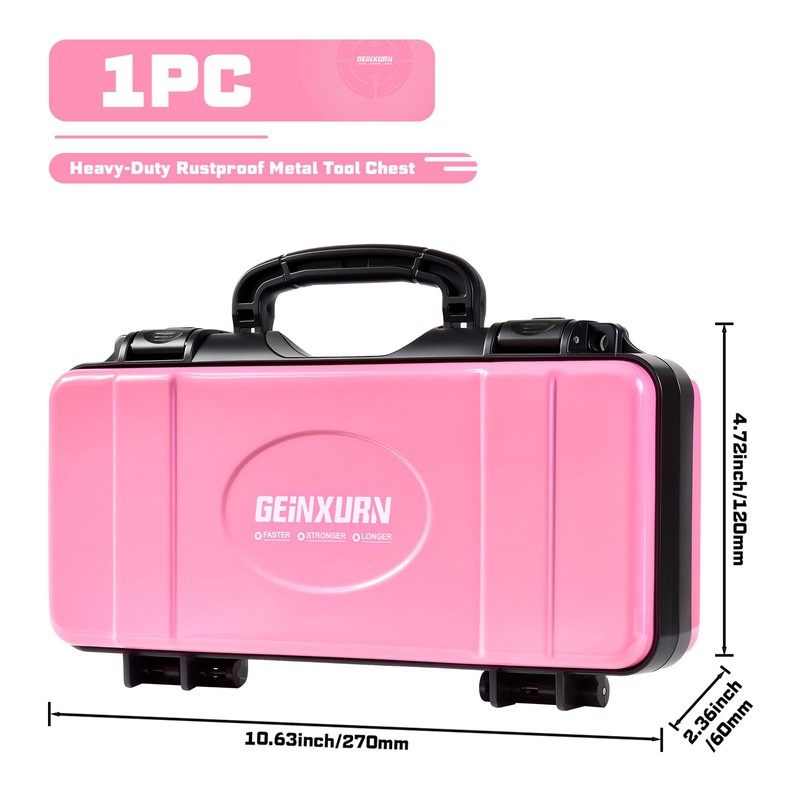 Geinxurn 11”Pink Tools Box, Portable Steel Heavy-duty Tool Case with