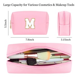 Jacng - Bolsa de cosméticos de poliuretano con inicial A-Z personalizada con cierre abierta ancha bolsa de maquillaje bolsa de viaje con parche de letras de chenilla, bolsa organizadora de artículos de cambiador para mujer, Rosado, M