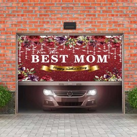 Happy Mother's Day Garage Door Cover 13 x 6 ft Red Rose Flower for The Best Mom Backdrop, Moms Day Birthday Outdoor Garage Door Decoration Banner