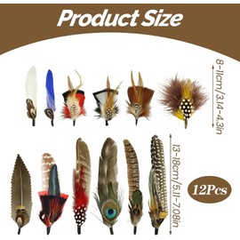 12 PCS Feathers for Hats, Natural Peacock Feathers Coloured Feathers Pin Cowboy Hat Feather and Fascinators Accessories Attachments for Party Decoration DIY Art Craft