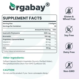 Orgabay Liposomal Quercetin Phytosome 1600 mg,Bromelain 200mg,Zinc 30mg,Vitamin C Turmeric 40 mg,Highest Absorption,Quercetin Complex, 60 Softgels