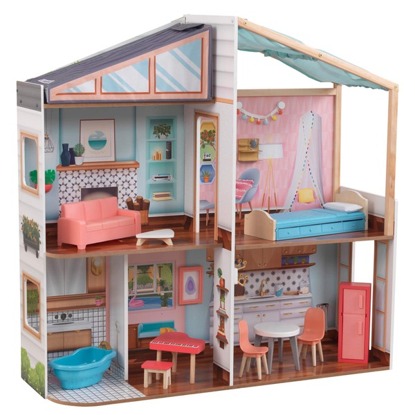 KidKraft Designed by Me™: Magnetic Makeover Wooden Dollhouse with Magnets, Fabric Wallpapers and 10 Pieces of Furniture, Gift for Ages 3+
