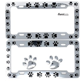 Animal Black Paws Print Design License Plate Frame, Pet Dog Cat, Set of 2 with 2pcs 3D Chrome Dog Paw Footprint Sticker Decal
