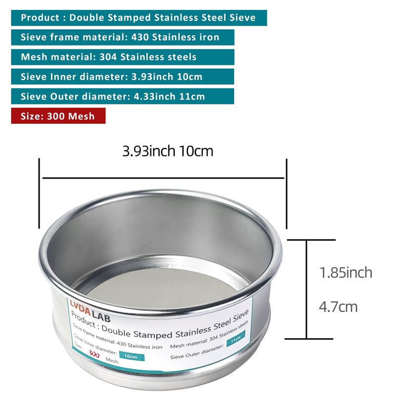 LVDALAB 304 Stainless Steel Mesh Lab Sieve, 300 Mesh (0.05mm)