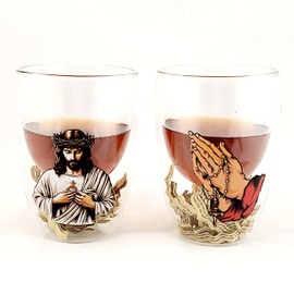 OKEA Double-Wall Insulated Glass Mugs 250ml 2-PC with Sacred Jesus and Prayer Hands – Scripture Scroll Inside Base