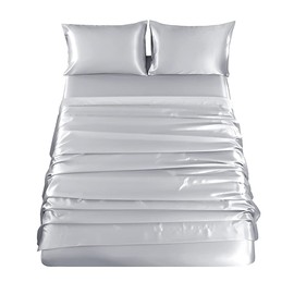 Sfoothome Silver Satin Bed Sheet Set, Satin Sheets Twin Size, Deep Pocket Silky Satin Sheet Set with 1 Fitted Sheet, 1 Flat Sheet and 1 Pillow Case- Wrinkle, Fade, Stain Resistant- 3 Piece