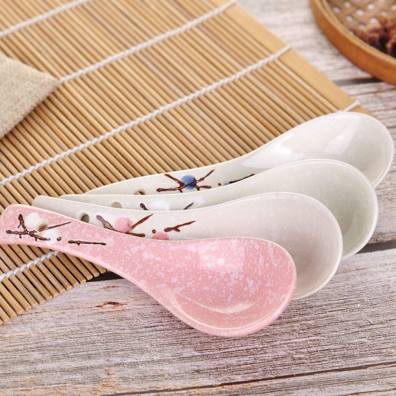 VanEnjoy Set of 4 Chinese/Japanese Ceramic Soup Spoons, Pink Cherry