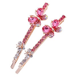 Ruihfas 1 Pair Fashion Women Girls Crystal Rhinestone Hairpins Double Butterfly Design Hair Pins Clips Barrettes Headdress (Rose)