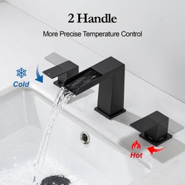 HAMOLER 8 Inch Widespread Bathroom Sink Faucet Waterfall Basin Faucet for Sink 3 Hole 2 Handle Vanity Sink Faucet Deck Mount Modern Bathroom Faucets with Metal Pop Up Drain, Matte Black
