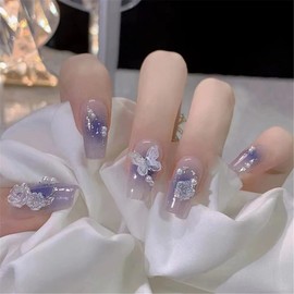 Nail Tips, Short, Set of 24, Easy, Gel Nail Stickers, Cute Purple, False Nails, Beads, Calm Purple, Popular, Korean, Nail Supplies, 48 Double-Sided Tape Included (Camellia and Butterfly)
