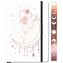 Bullet Dotted Journal - Medium A5 Dot Grid Notebook - 180G Thick Bamboo Paper - 160 Dot Grid Pages 5 x 5 mm - White Faux PU Leather Hardcover - Rose Gold Edge and Moons (A5, White)