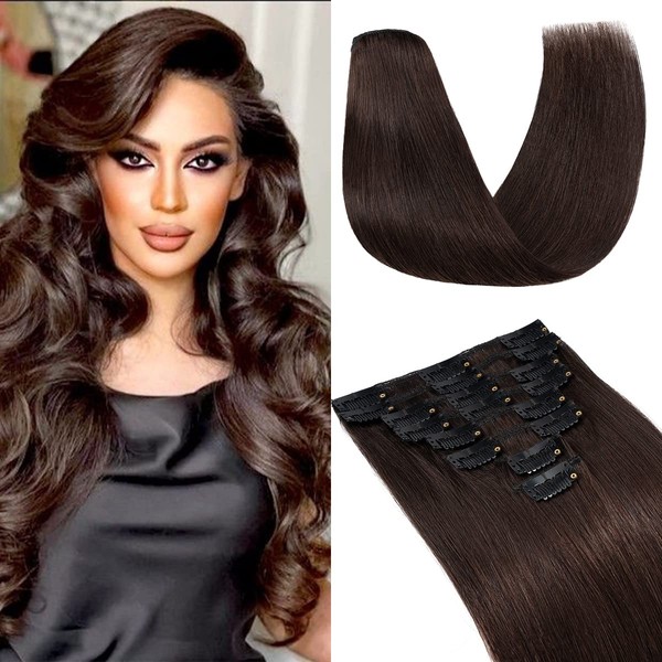 S-noilite Clip-In Real Hair Extensions, Remy Clip-In Real Hair Extensions, Straight, 8-Piece Set, 18 Clips, Double Wefts, Real Hair Extensions Clip, 25 cm - 50 g (#02 Dark Brown)