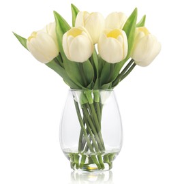 WELL KNOWN WELL KNOWN 12 Pcs Tulips Artificial Flowers in Vase, Real Touch Tulips with Vase with Upgrate Acrylic Water Flower Arrangements Centerpiece for Dining Room Table DecorationCream