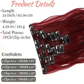 Fanguilar Clip in Hair Extensions 24 Inch 8PCS Wine Red Long Wavy Synthetic Hair Extensions Clip ins Thick Double Weft Hair Clip Extensions for Women