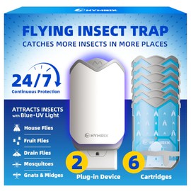Nymrix Flying Insect Trap, Indoor Plug-in Fly Trap with Blue Light, Bug Catcher for Gnats, Fruit Flies, House Flies, Mosquitoes & Moth – Curved Shield Hides Trapped Bugs (2 Devices + 6 Refills)
