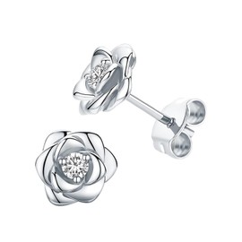 Zestjewel 1 pair 925 Sterling Silver Stud Earrings for Women Girls Hypoallergenic Small Rose Flower Earrings with 5A+Cubic Zirconia Helix Cartilage Earrings Jewellery Gifts Silver
