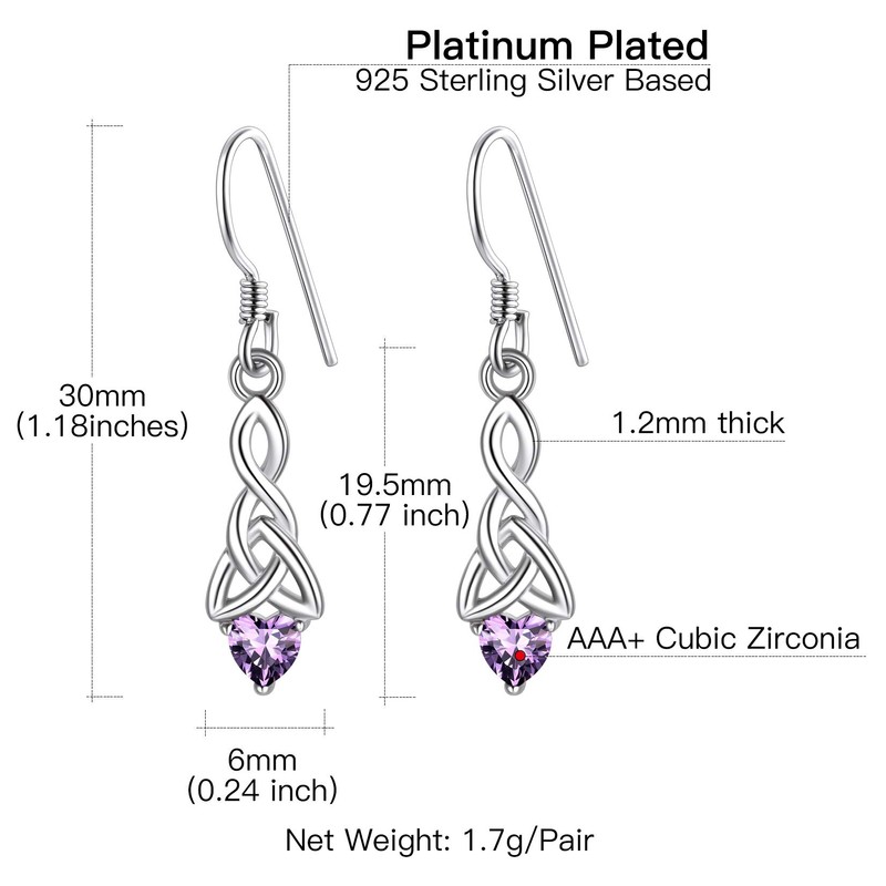 Hypoallergenic Earrings Celtic Knot, Amethyst Dangling Earrings, February Birthstone Earrings,