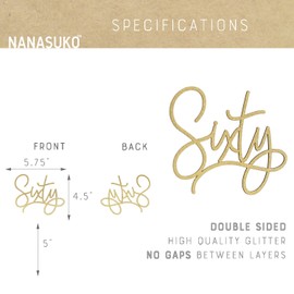 NANASUKO - Decoración cursiva moderna para tartas de 60 cumpleaños, sesenta - purpurina dorada de doble cara, calidad premium fabricada en Estados Unidos