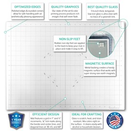 GLASSBOARD STUDIO True White Glass Craft Mat (18x24in) - Magnetic, Heat & Scratch Resistant, Stain-Proof for Crafting, Cutting, Painting, Mixed Media Artwork - Grid & Angle Lines, Non-Slip Rubber Feet