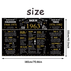 DARUNAXY 61st Birthday Black Gold Party Decoration, Back in 1963 Banner Cheers to 61 Years Old Birthday Party Poster Supplies, 6 * 3.6FT Vintage 1963 Backdrop Photography Background for Men and Women