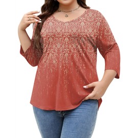 TFSDOD 2025 Fashion Trends 3/4 Length Sleeve Womens Tops Summer Shirts V Neck T Shirts Printed Red Gradient XXL