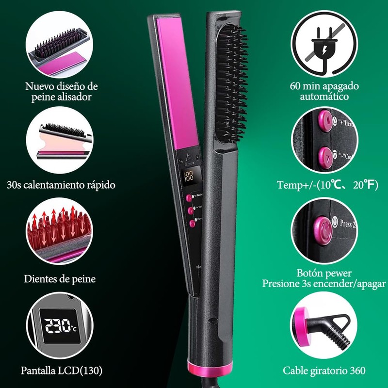 Cepillo Alaciador de Cabello 3 en 1, 5 Niveles Ajuste