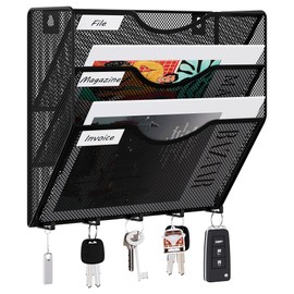 EasyPAG 3 Pocket Mesh Wall File Organizer with Key Hooks, Hanging Paper Folder Holder with Classify Label, Vertical Wall Mount Mail Organizer for Office Home Classroom, Black