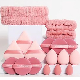 18-Piece Strawberry-Themed Makeup Tool Set - Headband, Wrist Band, Blending Sponges, Mini Sponges, Triangle Powder Puffs, Air Cushion Puffs, Pink