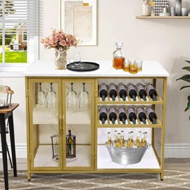 AT-VALY Bar Cabinets with Wine Rack and Glass Rack,Small Sideboard and Buffet Cabinet with Mesh Doors (Gold)