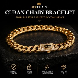 Men's Cuban Link Chain Bracelet 14K Gold Plated 8.3 Inch(21cm) Hip Hop Jewelry with Zircon Strong Clasp, Non-Tarnish Waterproof Stainless Steel Bracelets for Men, Gift Box for Birthday Christmas