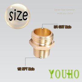 YOUHO Garden Hose Adapter 3/4 GHT Male x 1/2 NPT Male Connector, Brass Garden Hose Fitting, Industrial Metal Brass Garden Hose to Pipe Fittings Connect,Garden Hose Extension Repair Fitting(2-Pack)