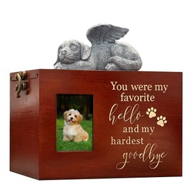 Large Dog Urn for Ashes Box with Picture Black Funeral Cremation Box Wooden Keepsake with Flannel Lining for Loss of Dog Remembrance Gift（Dog Urn-Red Brown-XL）