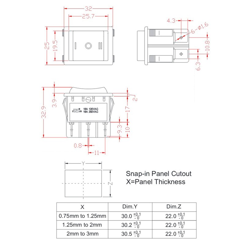 DIYhz 3-Speed AC16A/125V 16A/250V 6Pins 2 Position On/Off Black Rocker
