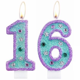 iNINGER Girls Glitter 16 Birthday Number Candle,Purple Diamond Sequins Blue Purple Number Birthday Candle for Girls Birthday Cakes Toppers Mermaid Themed Birthday Decorations Supplies 16th Candle