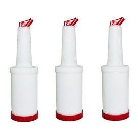 TrueCraftware- 1 qt Pour and Store Fruit Juice and Liquor Pour Bottles Red Color Set of 3- Juice Pouring Bottle Containers Bar Plastic Juices Pour Bottle Plastic Barware for Bars Event