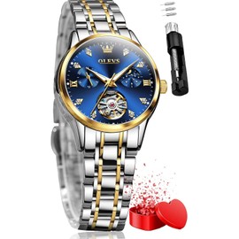 OLEVS Automatic Watches for Womens Luxury Diamond Hollow Tourbillon Womens Watches Moon Phase Two Tone Stainless Steel Small Wrist Ladies Watches Waterproof Luminous Blue Silver Dial