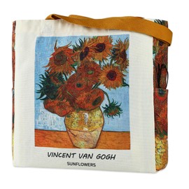 AUSVKAI Aesthetic Canvas Tote Bag for Women, Cute Reusable Vintage Sunflower Sturdy Oil Painting Bags with Pockets& Snaps for Beach Shopping College Gym Grocery