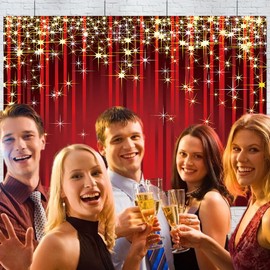 Gold Starry Red Photo Banner 7x5ft Glitter Golden Star Stripes Photography Sparkle Red Carpet Curtain Backdrop Supplies Christmas Hollywood VIP Indian Birthday Party Decoration Background