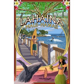 ART.COM Wall Art Prints Lahaina, Maui, Hawaii - Town Scenes Montage by Lantern Press, Places Decor, 12" x 18"