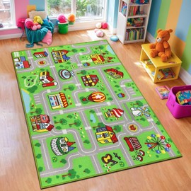 Capslpad Kid Rug for Playroom Pink Play Rug Traffic Road Car Play Mat 5.2x3.3 ft Educational Learning Area Rug Washable Kids Carpet for Children Girls Bedroom,Playroom,Nursery Room Decor