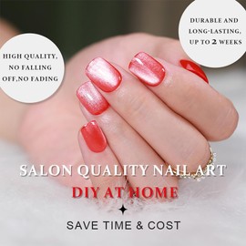 evpct Red Cat Eye Short Press on Nails Square, Short Square Glue on Nails for Women Gift, Truely Red Metallic Glitter Glossy Reusable Spring Summer Stick Gel Press on Acrylic Fake Nail with Designs