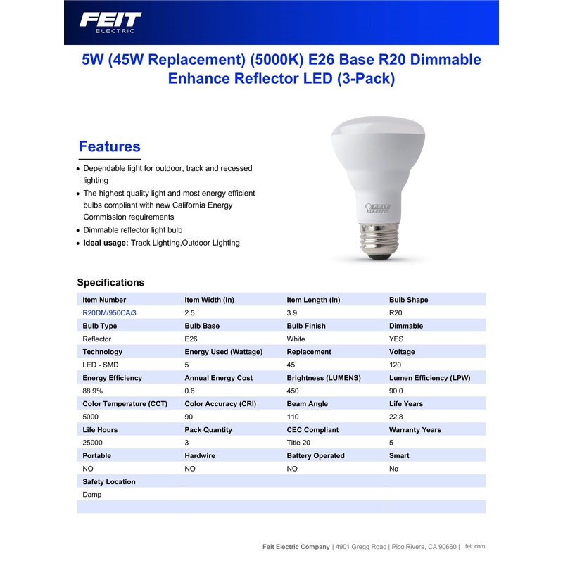 Feit Electric R20 LED Light Bulb, 45W Equivalent, Dimmable, 5000K