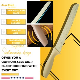 Jane Kitch Serrated Bread Knife for Homemade Bread in Upgraded Stainless Steel, Sourdough Bread Slicer for Homemade Bread with Razor Sharp Wavy Edge, Bread Cutter for Homemade Bread for Bagel, Pink