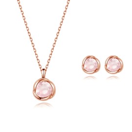 immobird Women's Jewellery Set 925 Silver with Birthstone Pendant Necklace and Earrings Set Gift for Women, Mum and Girls, Pink Quartz