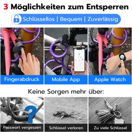Anweller Bicycle Lock Fingerprint, 1.5 m Cable Lock, Waterproof, Portable with Bicycle Lock Holder, Smart Lock with 20 Fingerprints, Anti-Theft Device Made of 12 mm Steel Wire