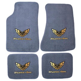 AveryAutoMats Custom Fit 4 Piece Carpet Floor Mats Compatible with 1982-2002 Pontiac Firebird Trans Am with Gold Logo on All 4 Mats - Gray