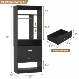 Homieasy 24" Wooden Closet System with 2 Wood Drawers & 6 Storage Shelves & 1 Hanging Rod - Black