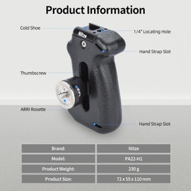 Nitze PA22-H1 Side Handle for ARRI Style Rosette, Mini Side Handle for Camera Cage with Integrated Hot Shoe and 1/4 Inch Thread Hole, Adjustable Direction and Position, Maximum Load 10 kg